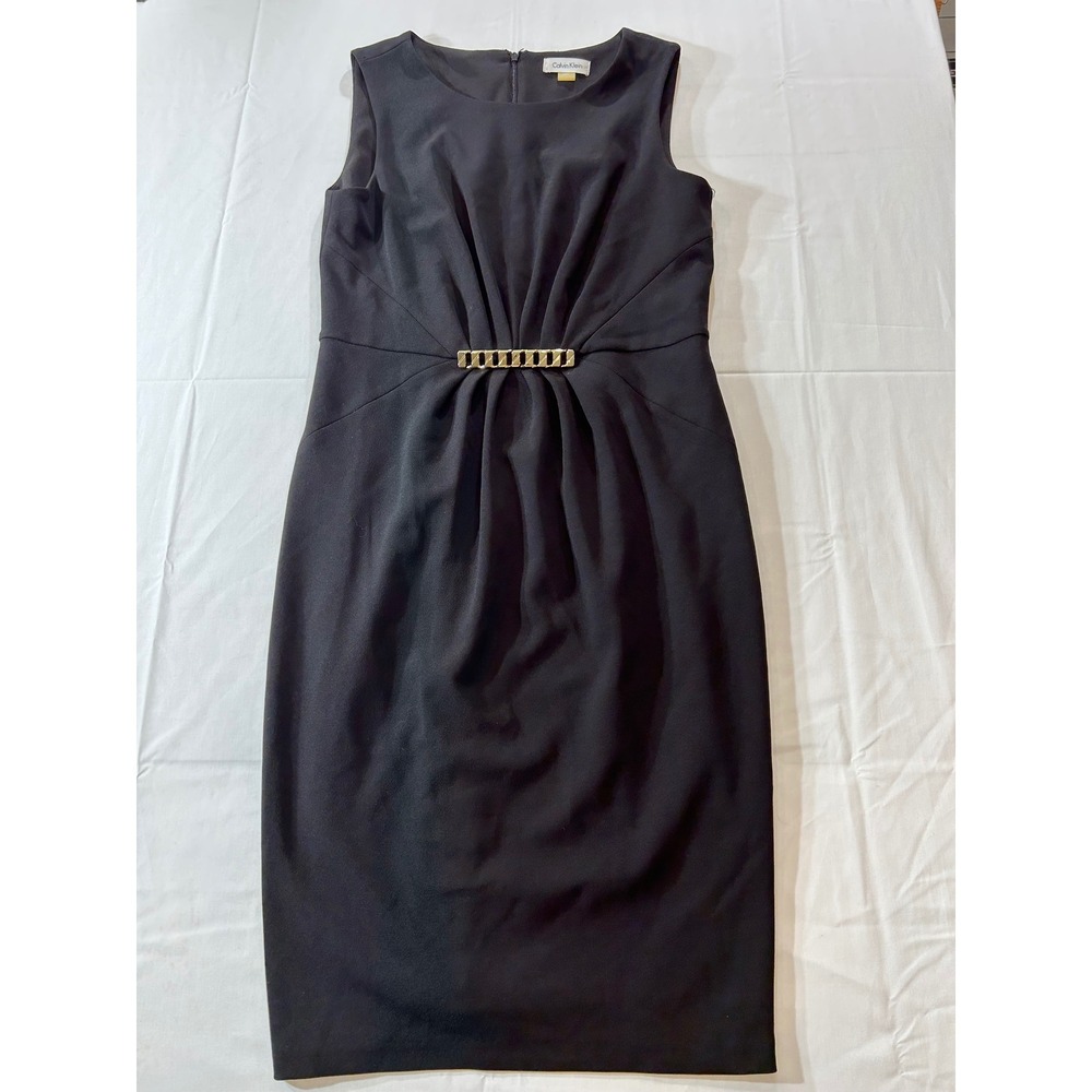 Calvin Klein Black Sleeveless Sheath Dress Gold Chain Waist Accent Size 6